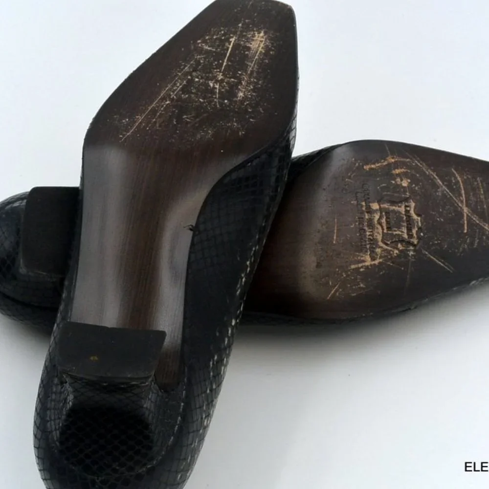 Stuart Weitzman Snakeskin Leather Pumps 7 M Black Tan Square Toe Kitten Heel - Picture 9 of 12